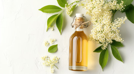 Elderflower syrup in a glass bottle without label top view on white background-の素材