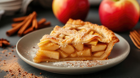 Plate with a slice of baked apple pie.の素材