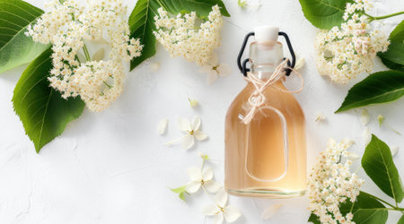 Elderflower syrup in a glass bottle without label top view on white background-の素材