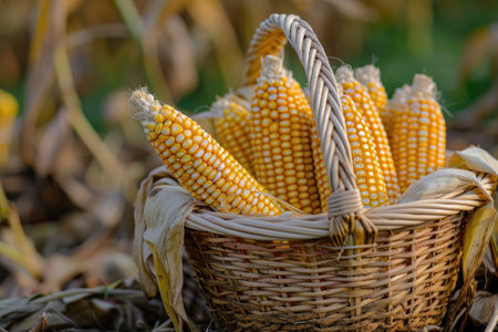Corn cobs in basket at the field corn farm.の素材