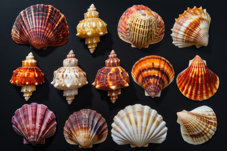Collection of various colorful seashells on black background.の素材