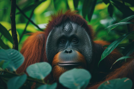 A picture of an orangutan in a jungle.の素材