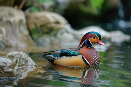 Close-up of mandarin duck swimming in waterの素材