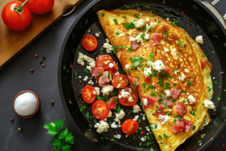 Omelet with tomatoes and feta cheese in pan top view.の素材