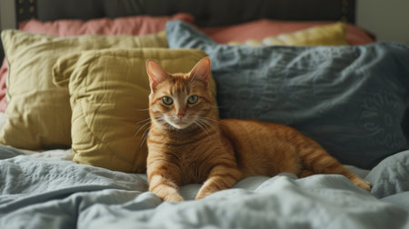 Cat with colored pillows behind him on a bed.の素材