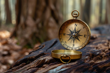 Vintage compass on the log in forest, warm sunlightの素材