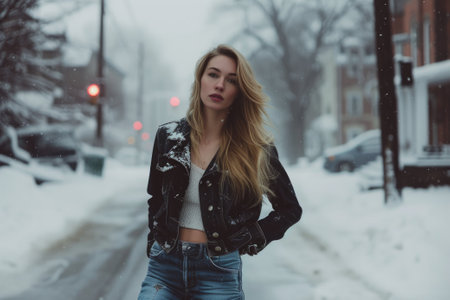 Young woman with blonde hair in the snowy cityの素材
