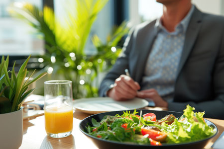 Businessman at working place with vegetable salad in bowl and fork in hand, diet and eating right concept.の素材