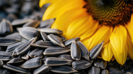 Organic sunflower seeds and flowers on wooden tableの素材