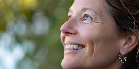 Earrings on smiling womanの素材