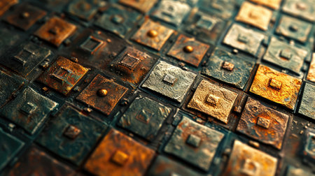 Metal plate with embossed square designs.の素材