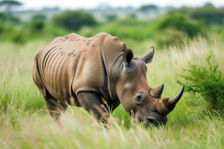 White rhinoceros grazing in a grass field.の素材