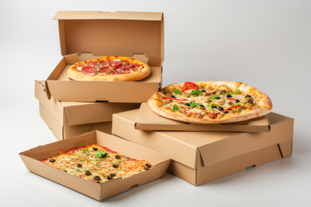 Catering boxes, bakery boxes, closed pizza boxes, and food boxes, on a white background.の素材