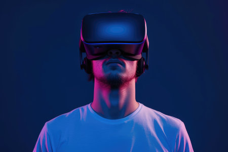 Young man wearing virtual reality goggles.の素材
