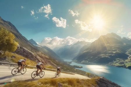 Cycling race going up hill beautiful surrounding mountains lakeの素材