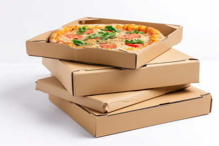 Catering boxes, bakery boxes, closed pizza boxes, and food boxes, on a white background.の素材