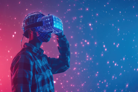 Young man wearing virtual reality goggles.の素材