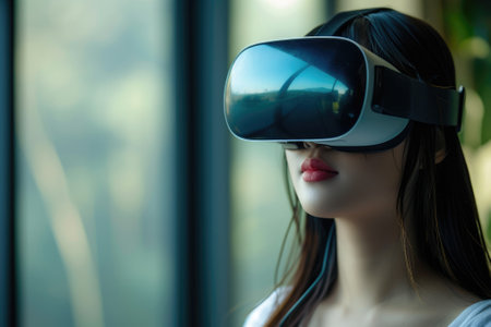 Beautiful asian woman wearing virtual reality goggles.の素材