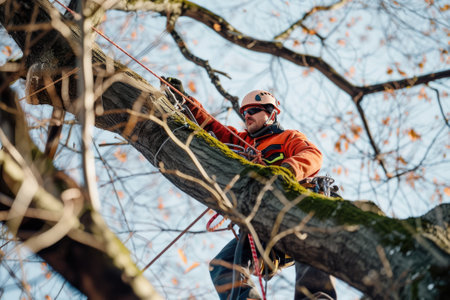 Arborist working at height in tree.の素材