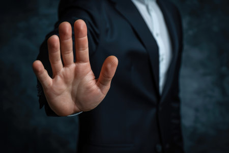 Business man shows stop gesture with his hand on dark background.の素材
