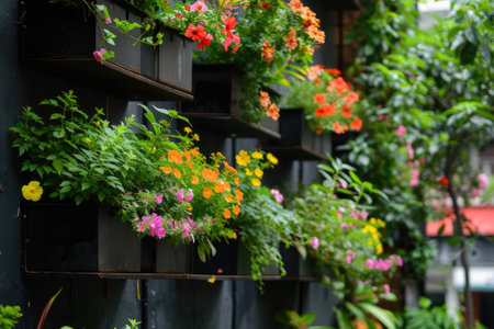 Colorful flowers growing in boxes hanging on the balcony fenceの素材