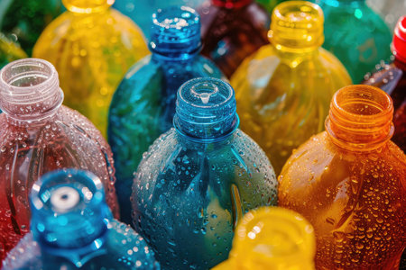 Empty colored carbonated drink bottles. Plastic wasteの素材