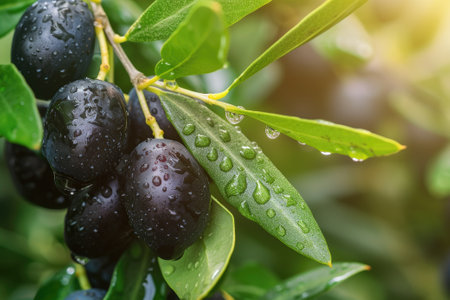 Ripe black olives on the tree with green leaves and water drops, close up view.の素材