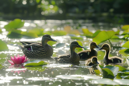 Duck family enjoy summer pond.の素材