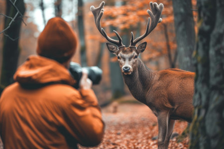 Photographer taking photo of wildlife, man with camera and deer in the nature.の素材