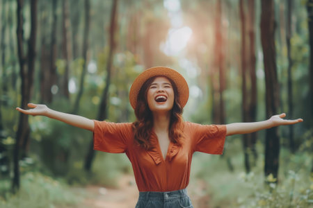 Happy woman enjoying the green beautiful nature woods forestの素材