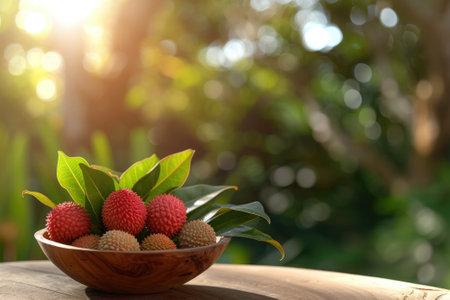 Front view of fresh ripe lychee fruit and peeled lychee with green leaves on wooden bowl and blur garden background.の素材