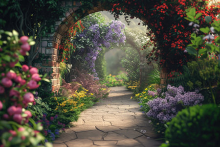 Footpath under a beautiful arch of flowers and plants.の素材