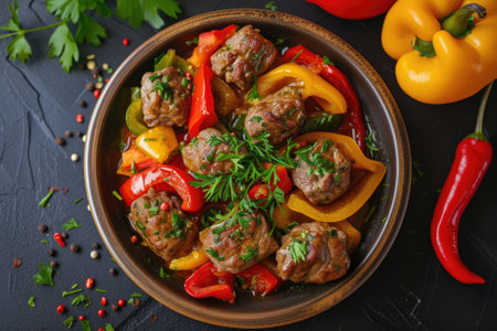 Stuffed Peppers, tasty bell-peppers delicious cooked meal with meat greensの素材