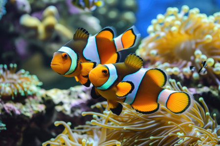 Portrait of a clown fish swimming by the coral reef.の素材