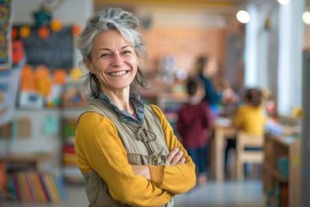 Middle age woman with gray hair preschool teacher smiling confident standing at kindergarten.の素材
