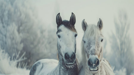 Horses in a deep snowy paddock in the countryside in winter.の素材