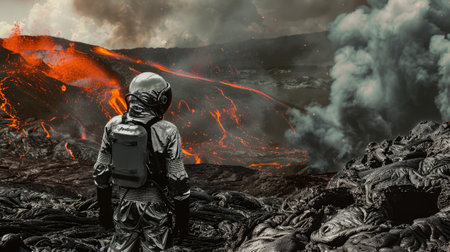 The man stands on the edge of an erupting volcanoの素材