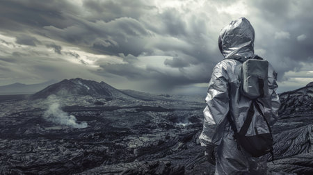The man stands on the edge of an erupting volcanoの素材