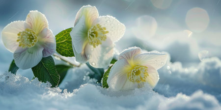 Helleborus Flowers with snow in garden, Hellebore winter rose bloomsの素材