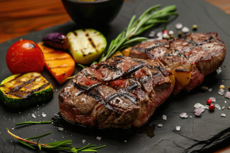 Grilled steak seasoned with spices and fresh herbs on slate. Gourmet food and cuisine.の素材