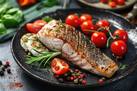 Pangasius fish steak with vegetables.の素材