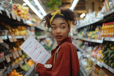 Young woman with a list of groceriesの素材