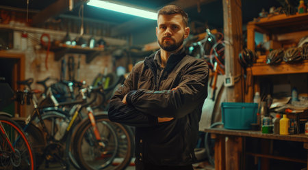 Portrait, serious and repair man in bicycle shop with arms crossed in workshop. Young mechanic in a bike shopの素材
