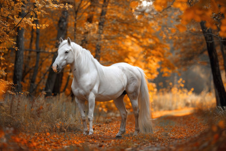 Portrait of beautiful white horse in autumnの素材