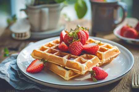 Waffles with strawberries sprinkled with sugar powder.の素材
