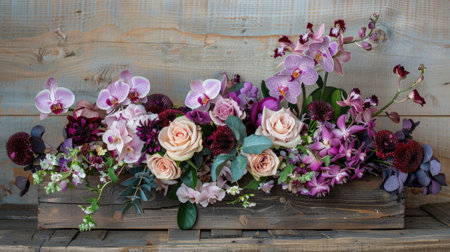 Floral arrangement on wooden backgroundの素材
