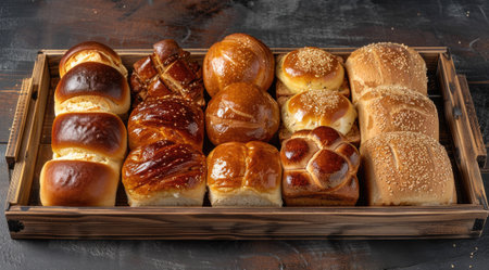 Assorted bakery products including loaves of bread and rolls.の素材