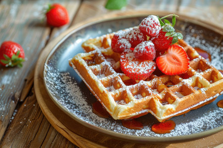 Waffles with strawberries sprinkled with sugar powder.の素材
