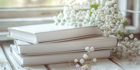 Wedding photo album with flowers on a wooden backgroundの素材