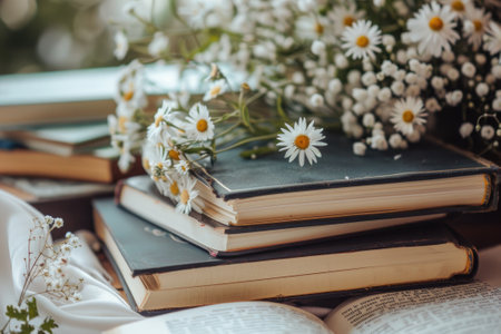 Wedding photo album with flowers on a wooden backgroundの素材
